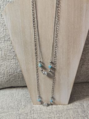 Silver-Tone Layered Necklace with Turquoise Accents And Crystal Beads